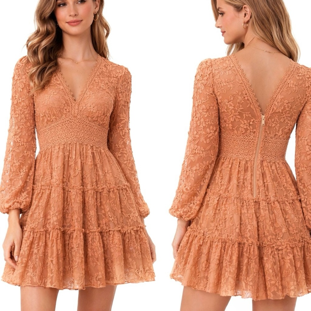 Beulah Peach Lace Tiered Mini Dress